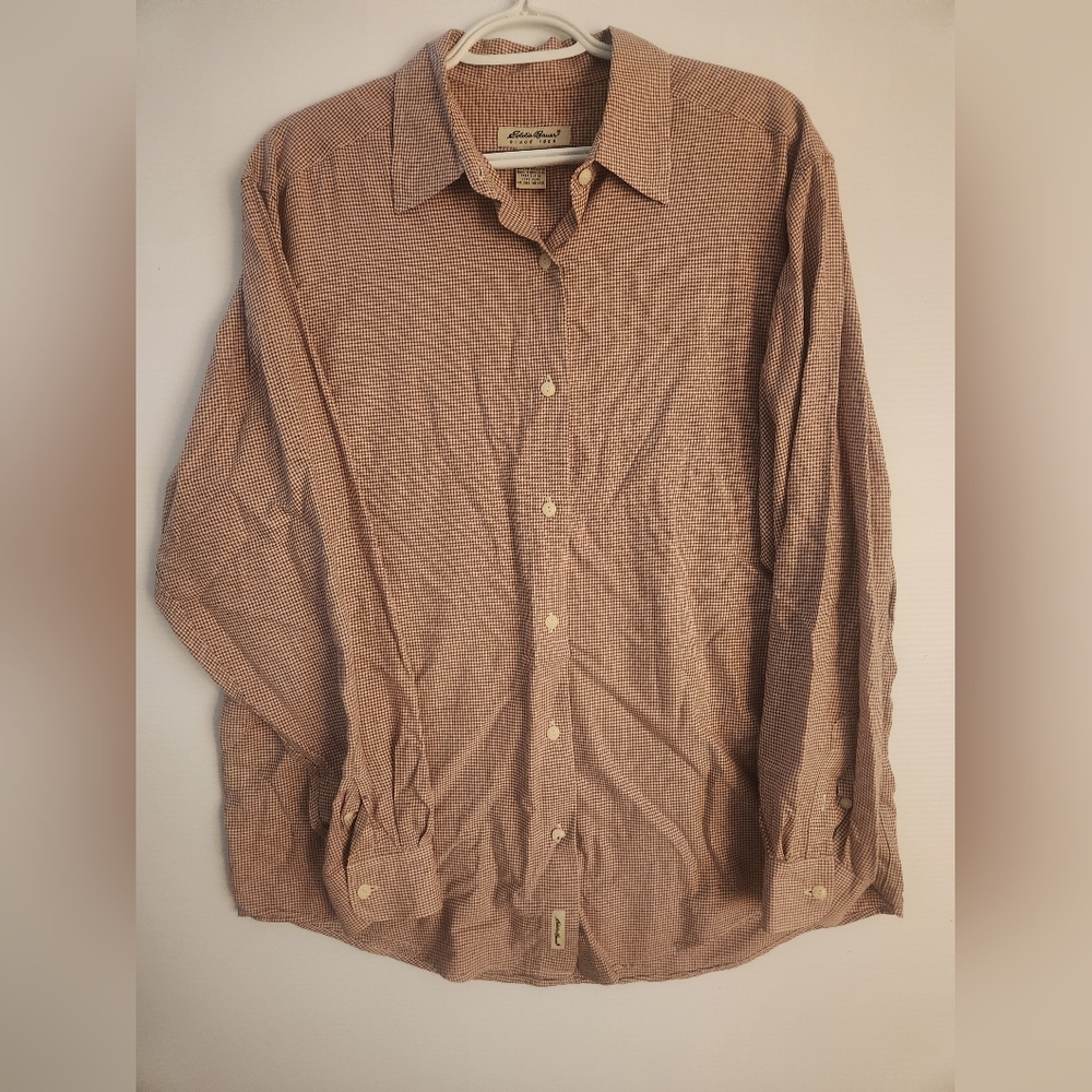 Eddie Bauer Women's Red And Cream Checkered Button Down Shirt 100% Cotton Size L